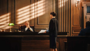 Attorney presenting evidence in court, with a judge listening intently, symbolizing the role of a visitation attorney in legal proceedings